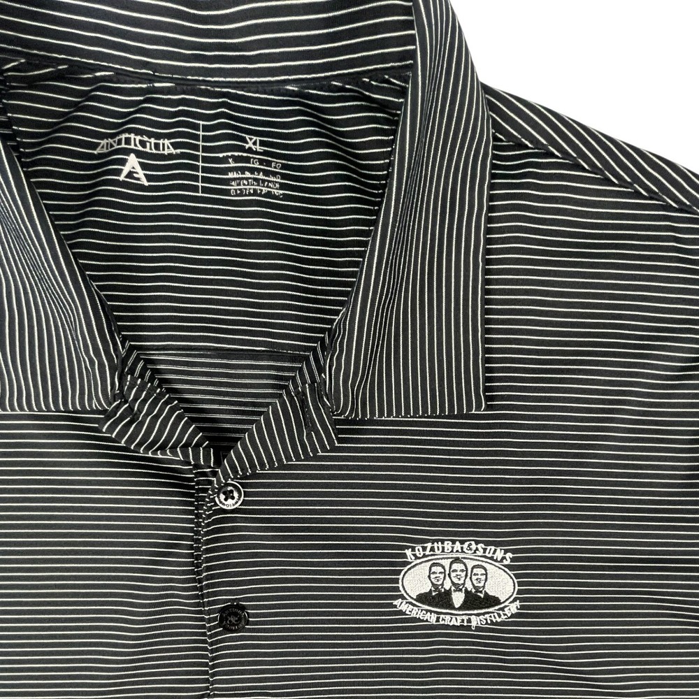 Antigua Polo Shirt Mens XL Black Kozuba & Sons Distillery Striped Short Sleeve